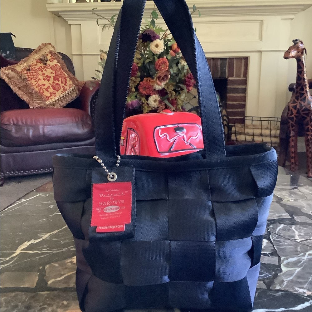 Authentic original Detroit Harvey’s black seatbelt baguette bag 12x8.5
